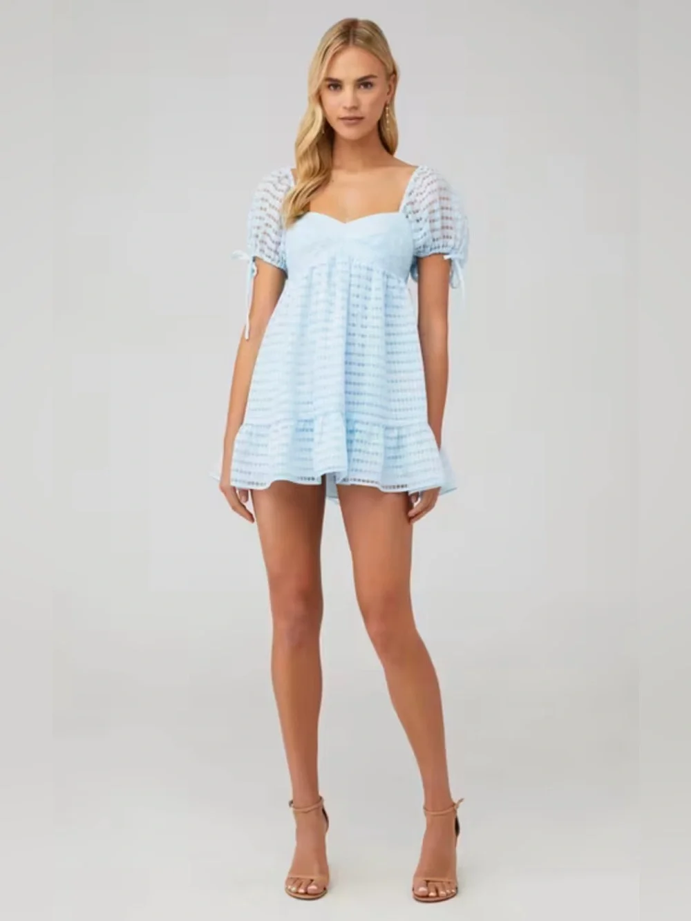 Amanda Uprichard Sicily Mini Dress Powder Blue Textured Puff Sleeve Medium - Picture 1 of 14
